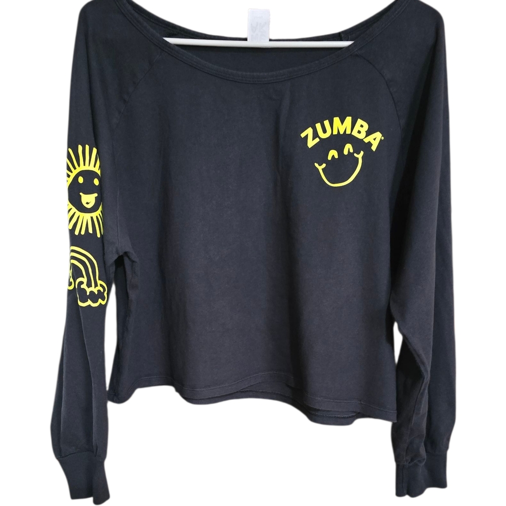 Zumba Fitness Black Cropped Off-Shoulder Sweatshirt with Neon Yellow Graphics - Picture 3 of 4